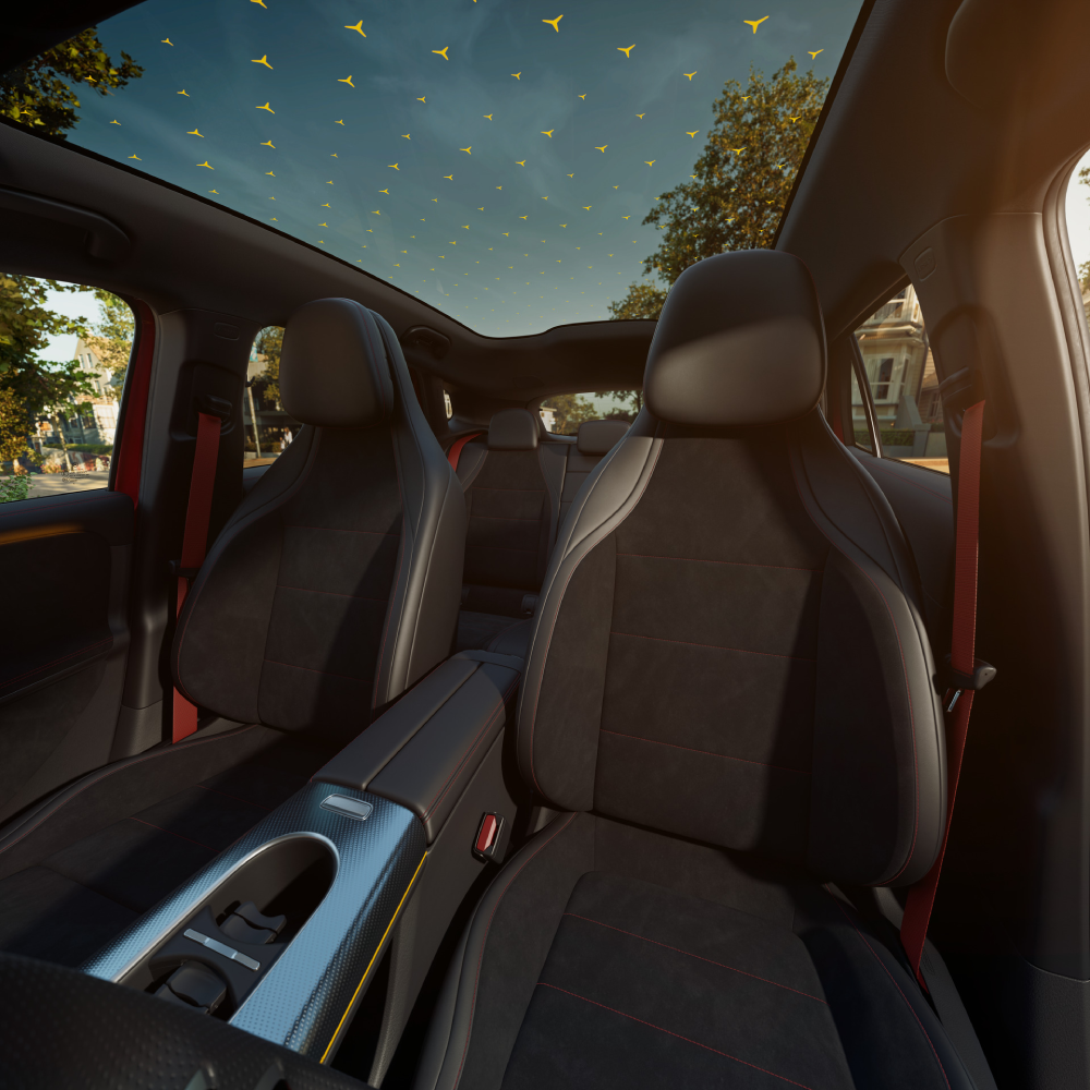 Priekšējie sēdekļi ar panorāmas jumtu – "Mercedes-Benz elektriskā GLA salons ar panorāmas jumtu"